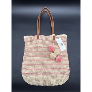 btb Los Angeles Lucy Tote, Straw Woven Pom Pom Vacation Beach Bag, Natural, NWT